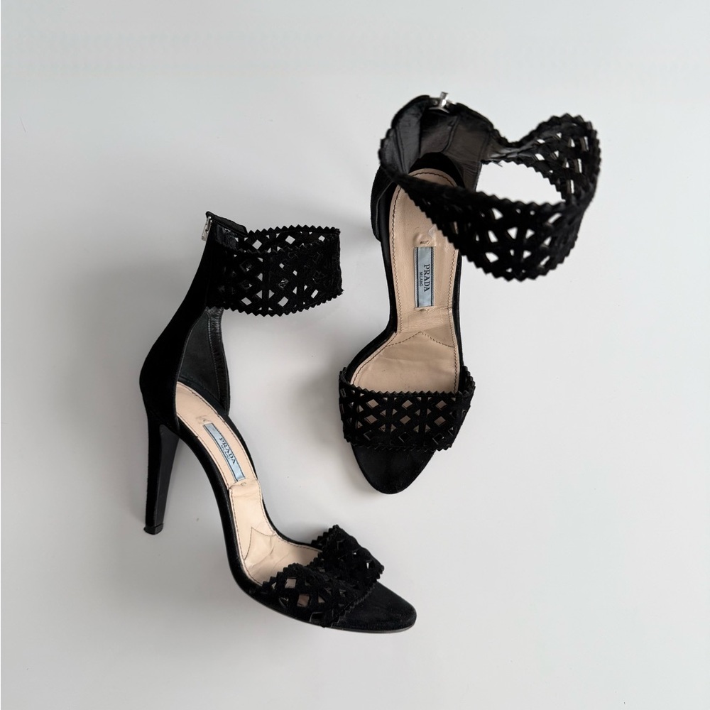 Vintage Prada black suede open toe heels
